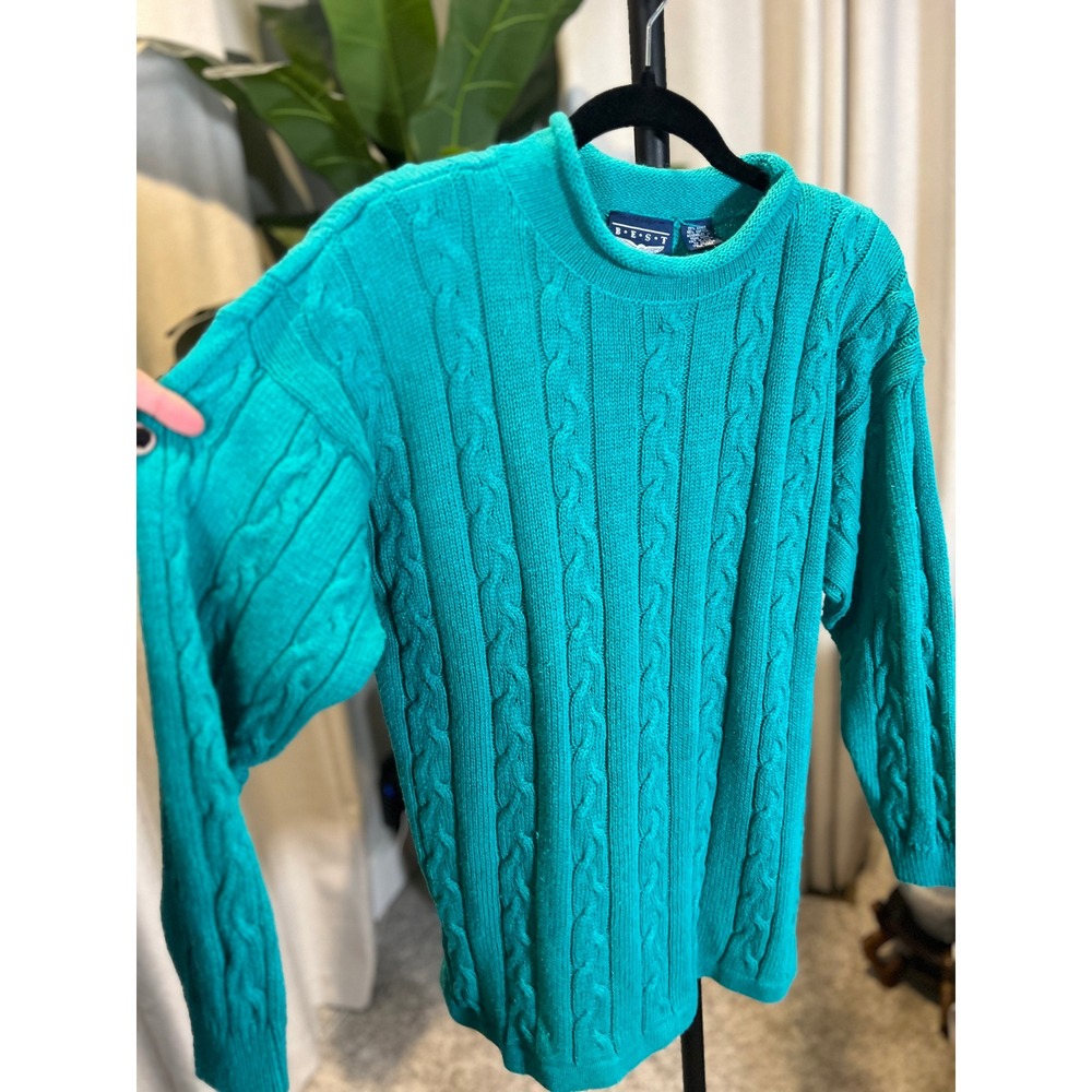 BEST American Clothing Co Vintage Teal Cable Knit Mock Neck Sweater Women Medium - Picture 4 of 8
